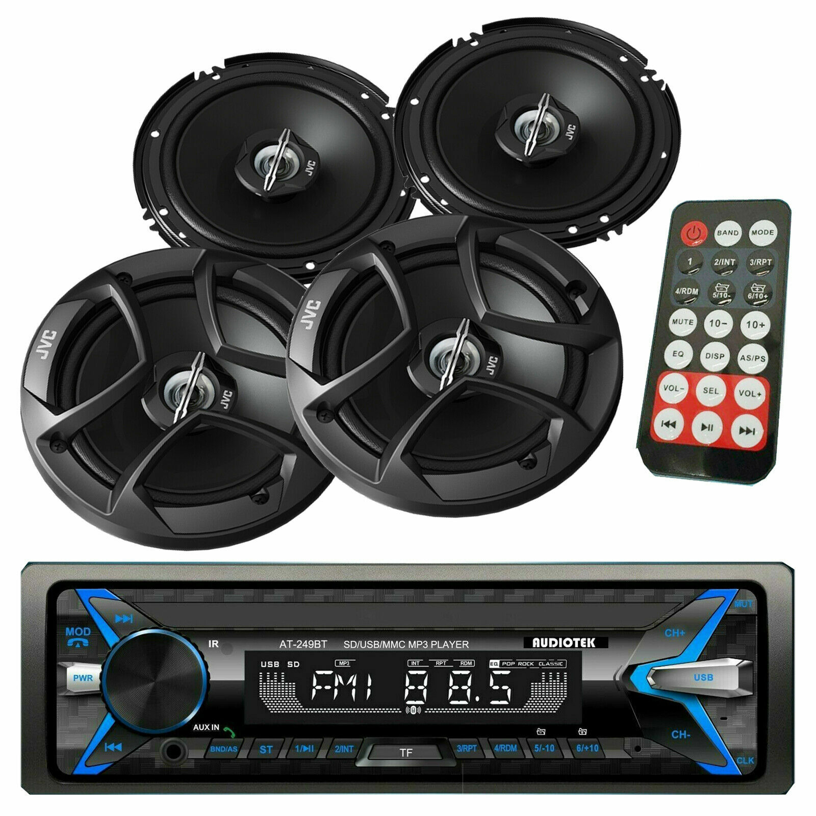 Audiotek Car Stereo Bluetooth USB Media Receiver + 4x JVC 6.5″ 600W Speakers