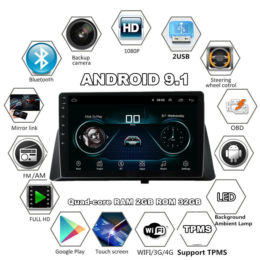 Car Android 9.1 HD Quad-core 10.1″ GPS Wifi RAM 2GB ROM 32GB For 08-12 Accord