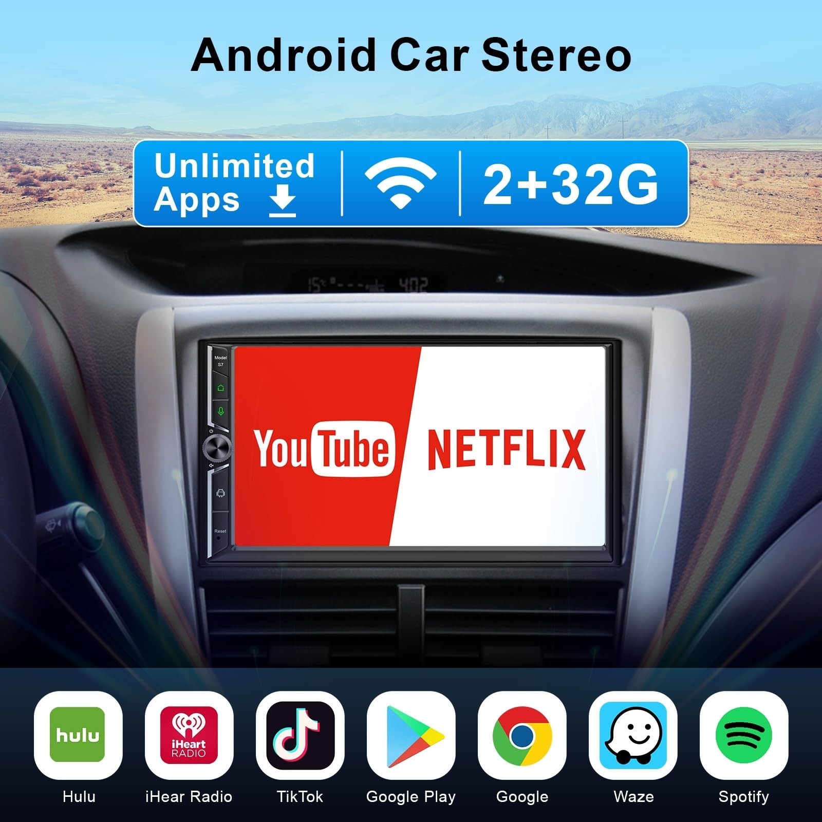 7″ Double Din Car Stereo, Wireless Apple CarPlay & Android Auto, QLED Touchscree