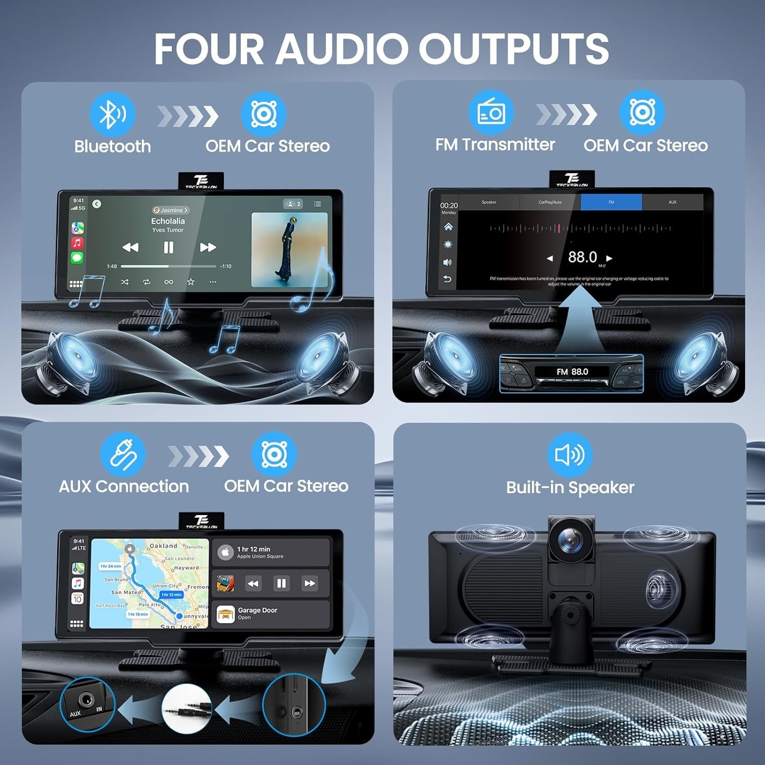 10.26” Wireless Carplay Screen for Car with 4K Dash Cam & 1080P Backup Black