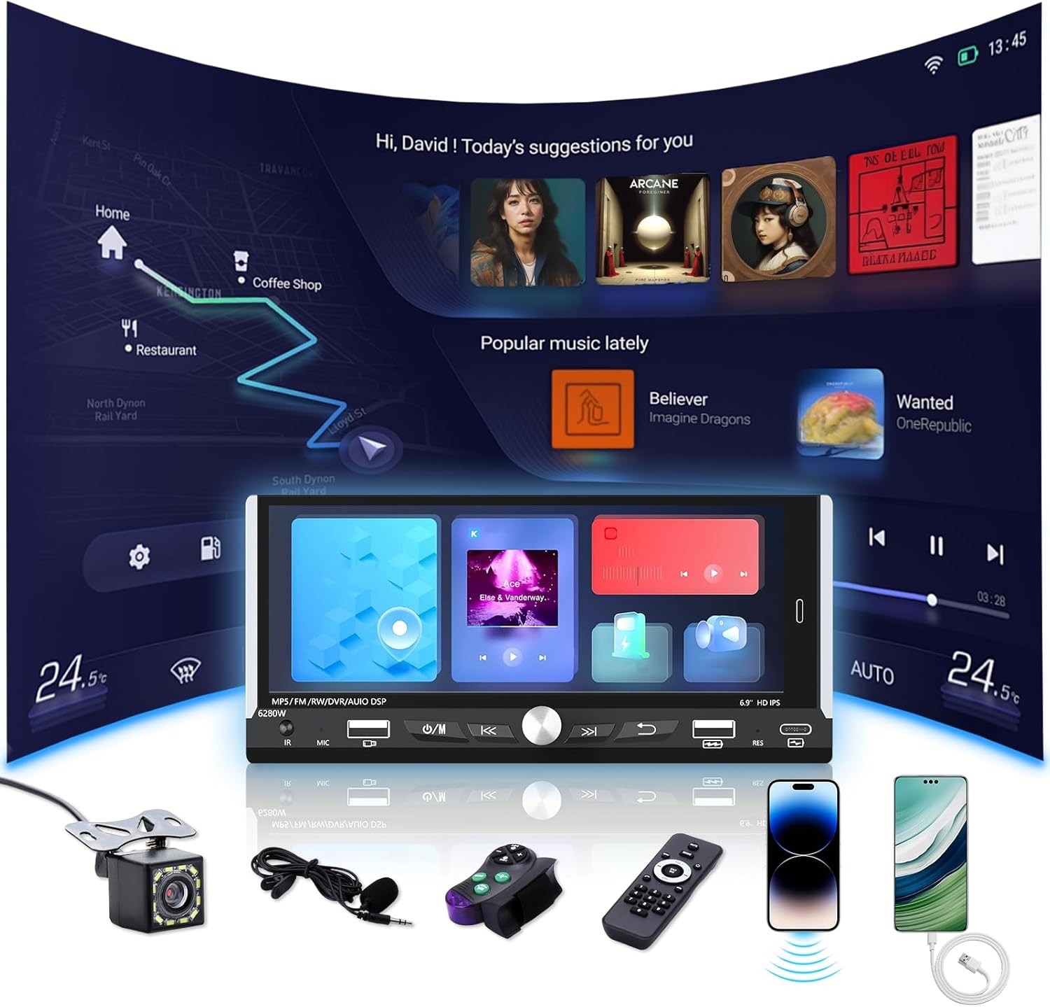 Car Play Bluetooth Single Din Car Stereo with Backup Camera 6.9 IPS Touchscreen