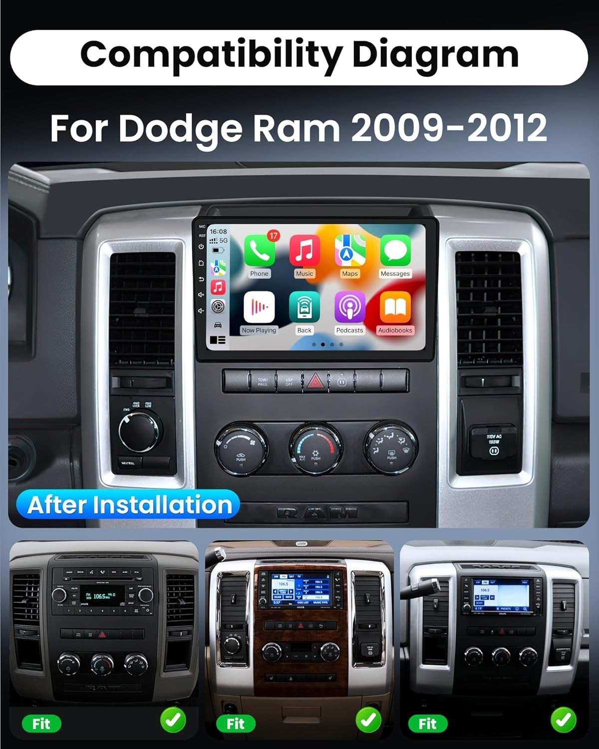 10.2″ 32G Android Auto Carplay Stereo for 2009-2012 Dodge RAM 1500 2500 3500