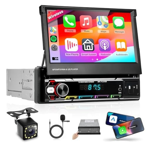 Wireless CarPlay Single Din Car Stereo,5.1 Bluetooth Car Radio AM/FM/RDS,7
