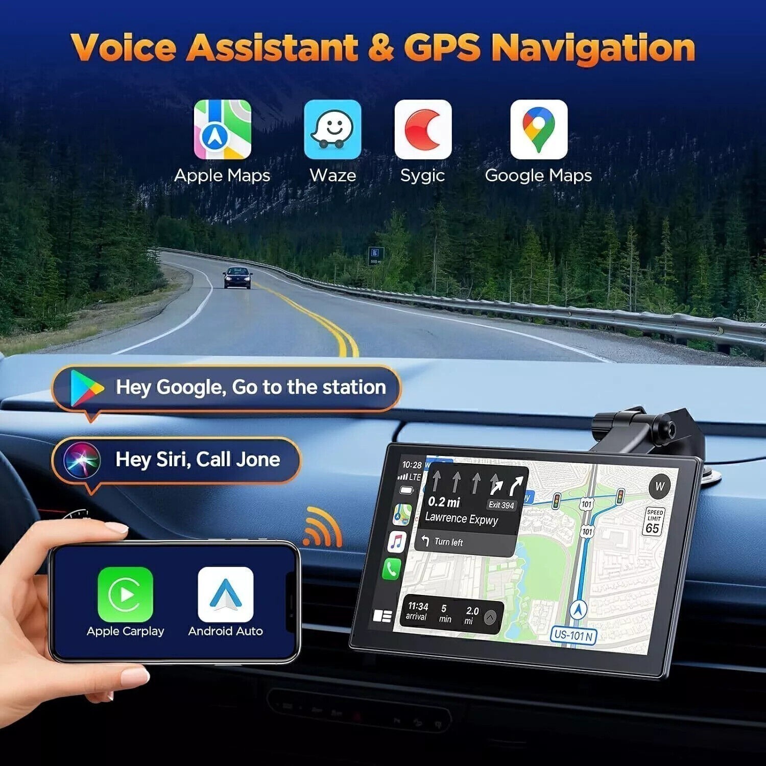 4K Dash Cam Wireless 9″Car Stereo Radio Apple Carplay&Android Auto+1080P Camera