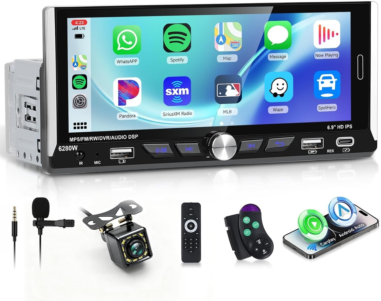 6.9-inch Single Din Car Stereo Wireless Carplay,1280X480P IPS Touch Screen Ca…
