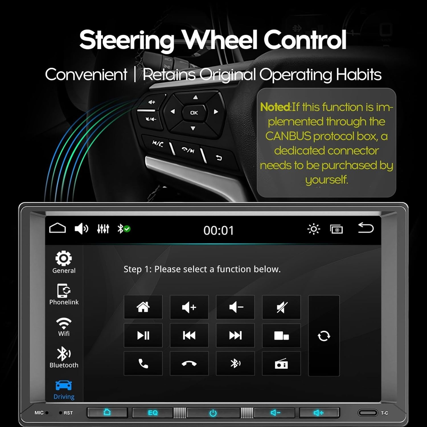 7″ Double DIN Android Auto Carplay Stereo with Linux OS, SWC, and Backup Camera