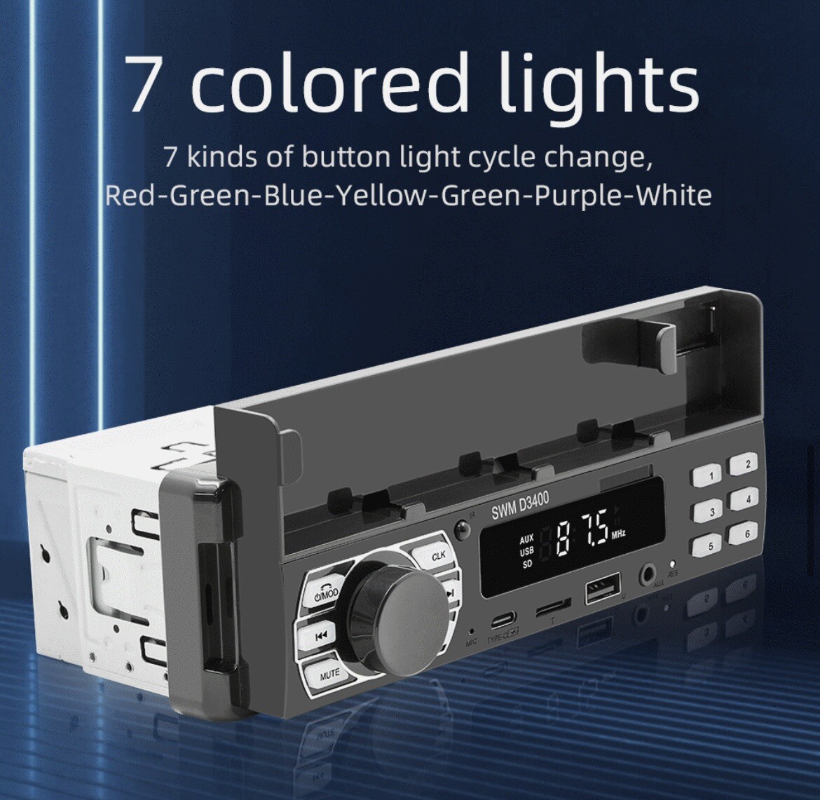 SWM D3400 MP3 Car Player Radio Bluetooth Type-C Charging Phone Holder