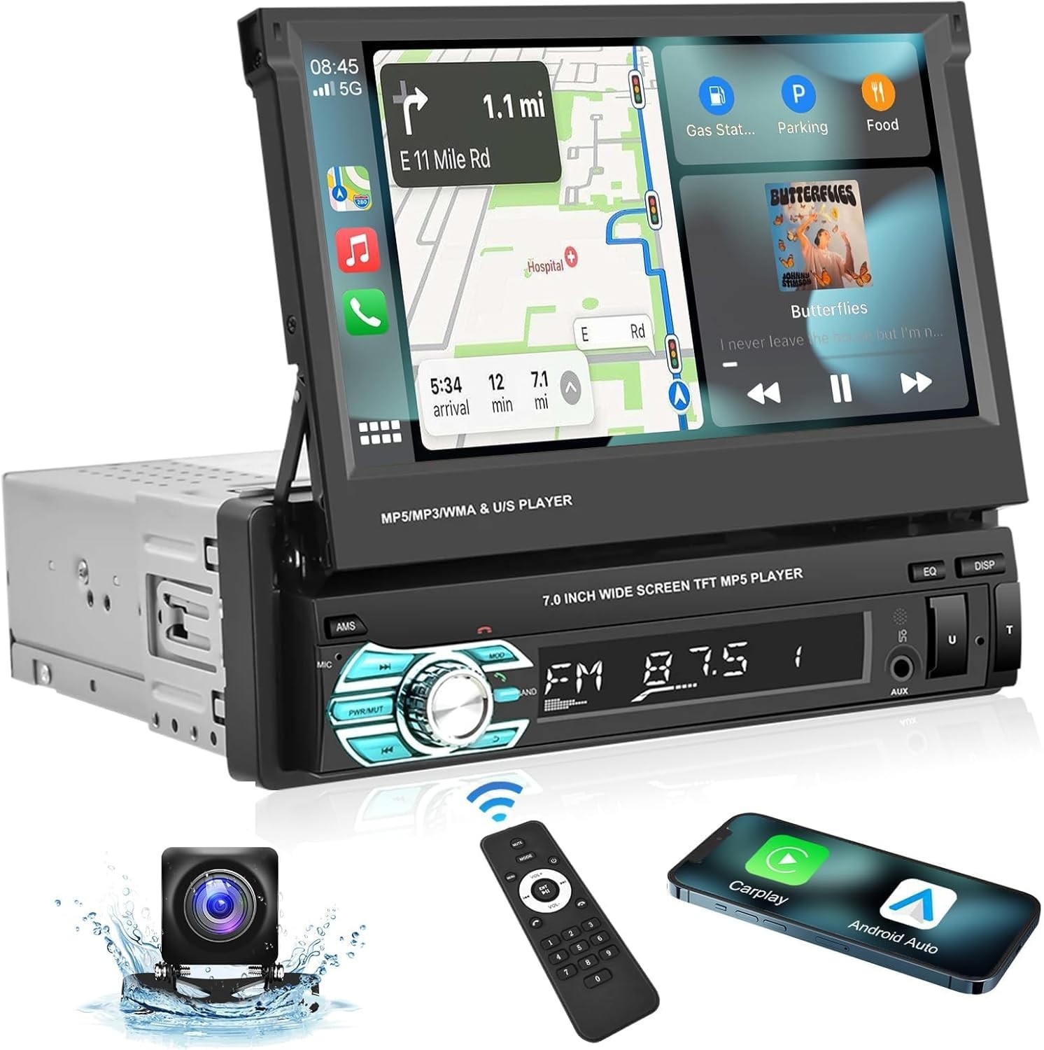 Single Din Car Stereo with AHD Backup Camera & Wireless Connectivity