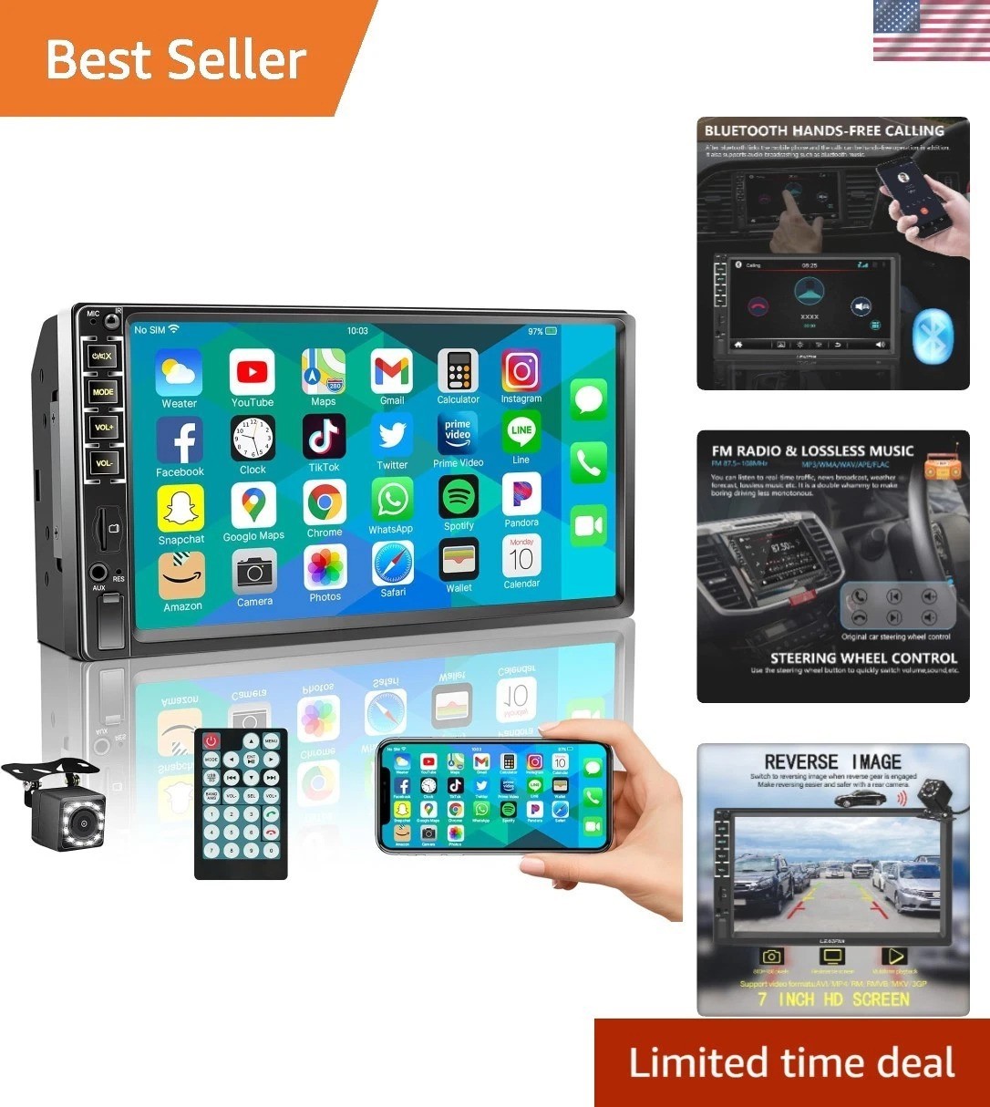 Double Din 7-Inch Touchscreen Receiver with USB and Bluetooth Connectivity