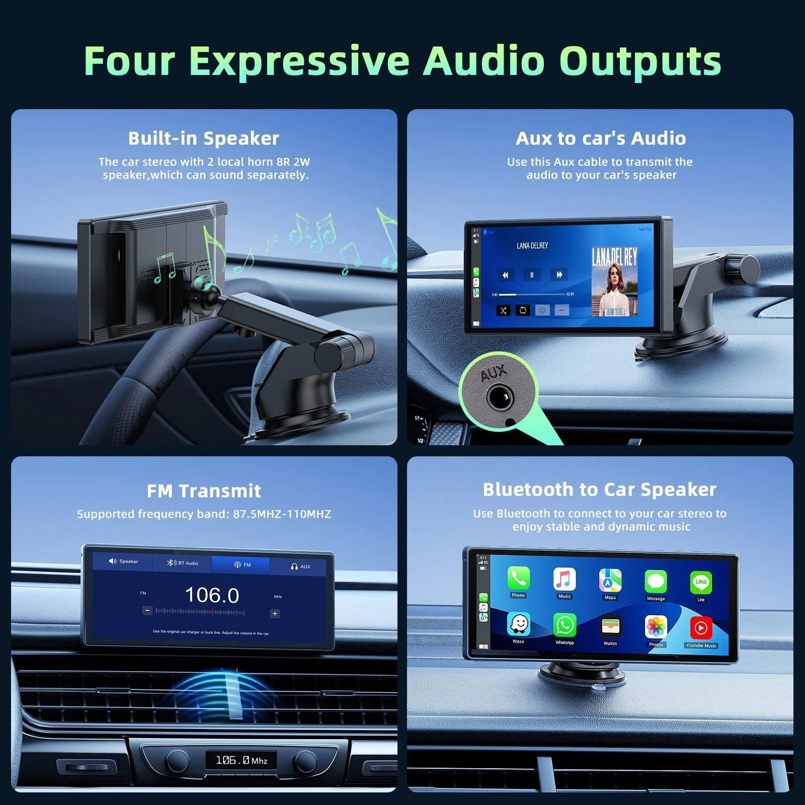 Lamtto 10.26″ Touch Screen Portable Car Stereo Wireless CarPlay Voice Control FM