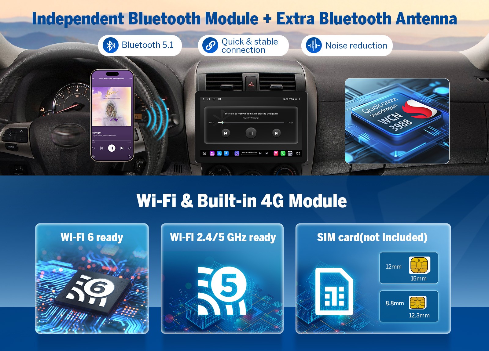 Android Auto Car Stereo 10.95″ QLED Single 1 DIN WiFi 6 GPS Wireless CarPlay DSP