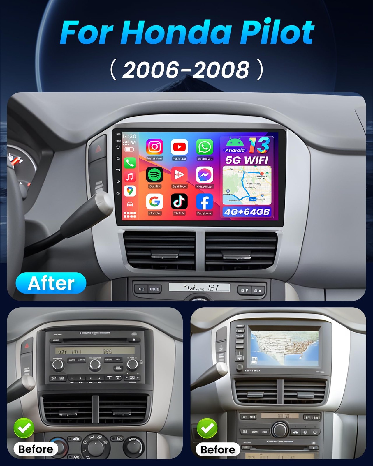 9″ Touchscreen Wireless Carplay Android Auto Stereo for 2006-2008 Honda Pilot