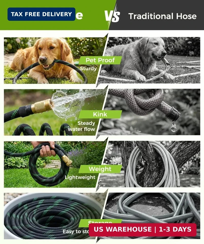 100ft Garden Hose, Non-Expandable Water Hose with 8 Function Spray Nozzle, Light