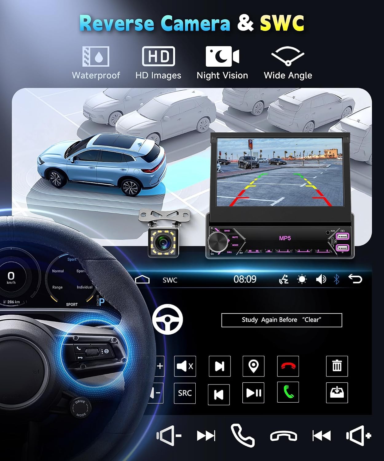 7 inch Single Din Flip Out IPS Touchscreen Car Stereo, 1 Din Car Stereo with Blu