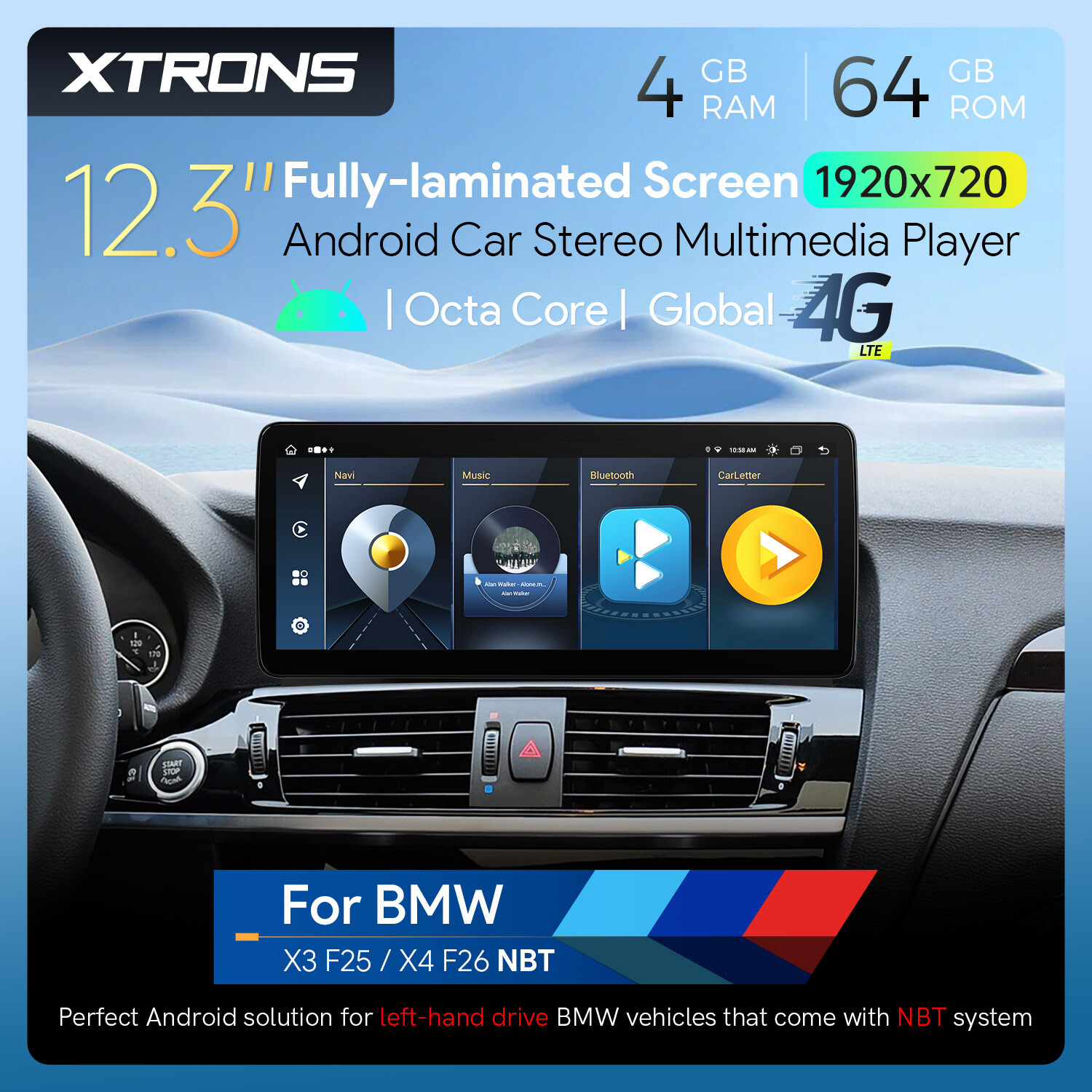 12.3″ IPS Android 13 8-Core CarPlay Stereo GPS Navi 4G For BMW X3 F25/X4 F26 NBT