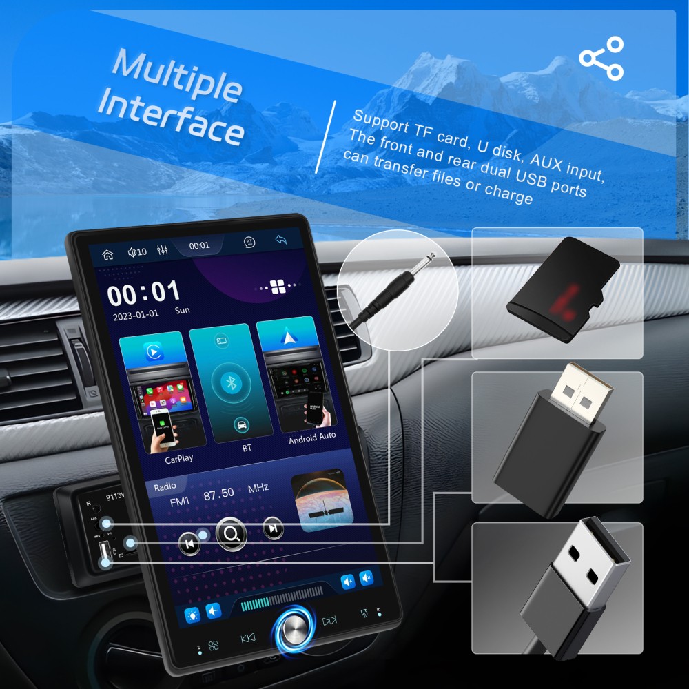 10.4″ Single 1DIN Wireless Apple CarPlay Car Stereo Rotatable Touch Screen Radio