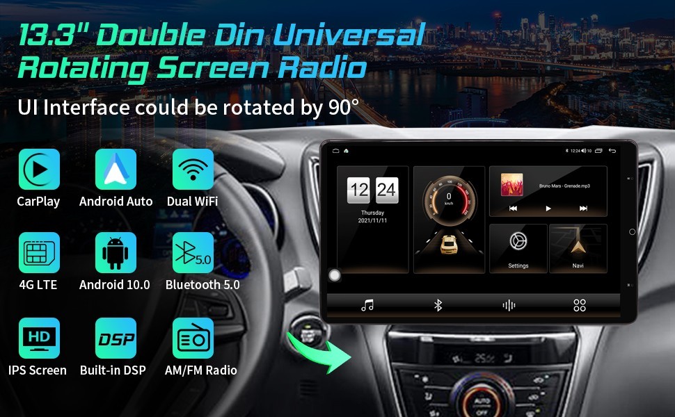 Rotatable Car Stereo Radio 2 DIN 13.3″ Touch Screen Android GPS Navi Wifi 128 GB