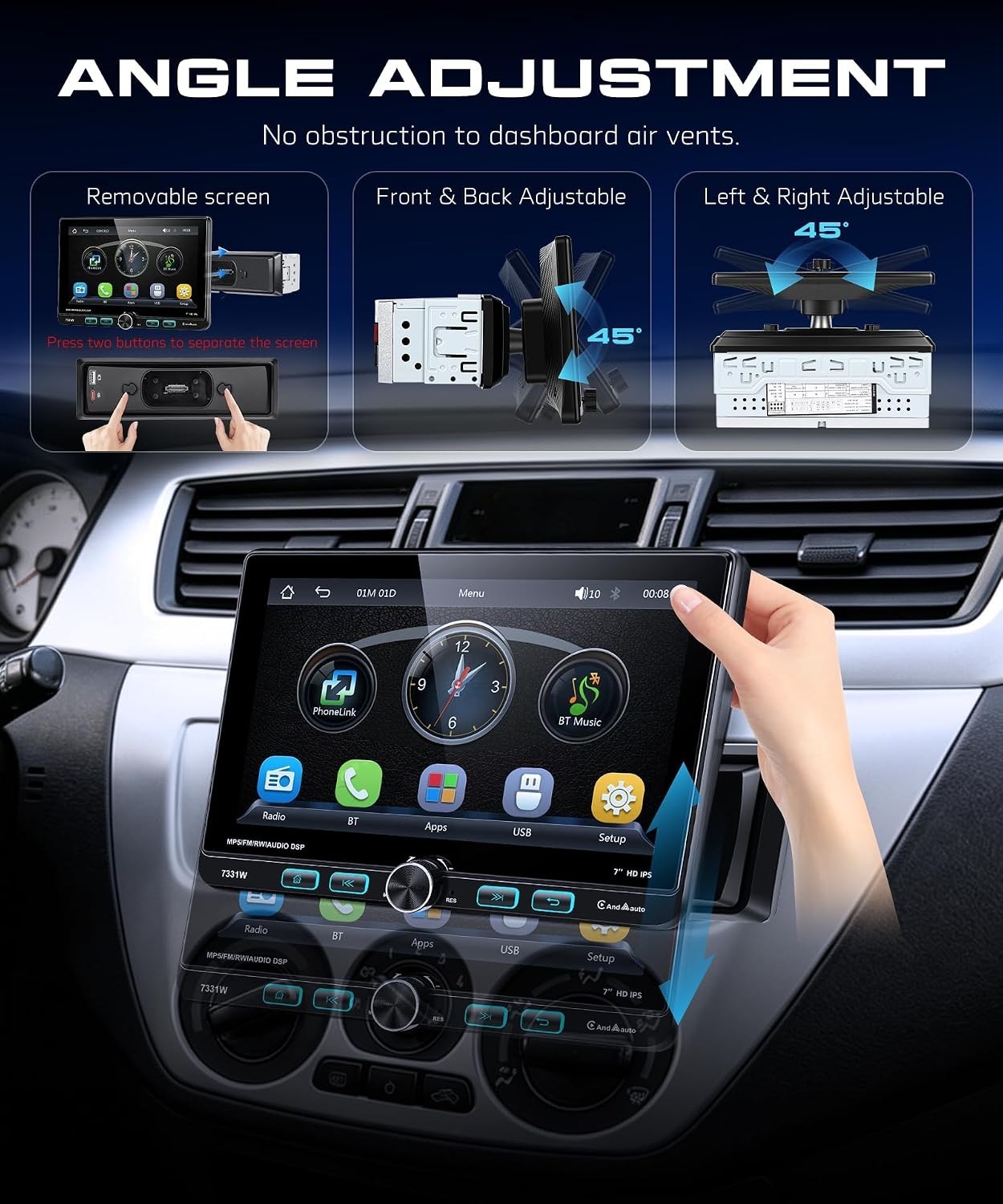 Single DIN Car Stereo 7″ Swivel Touchscreen Wireless CarPlay Android Auto Blueto