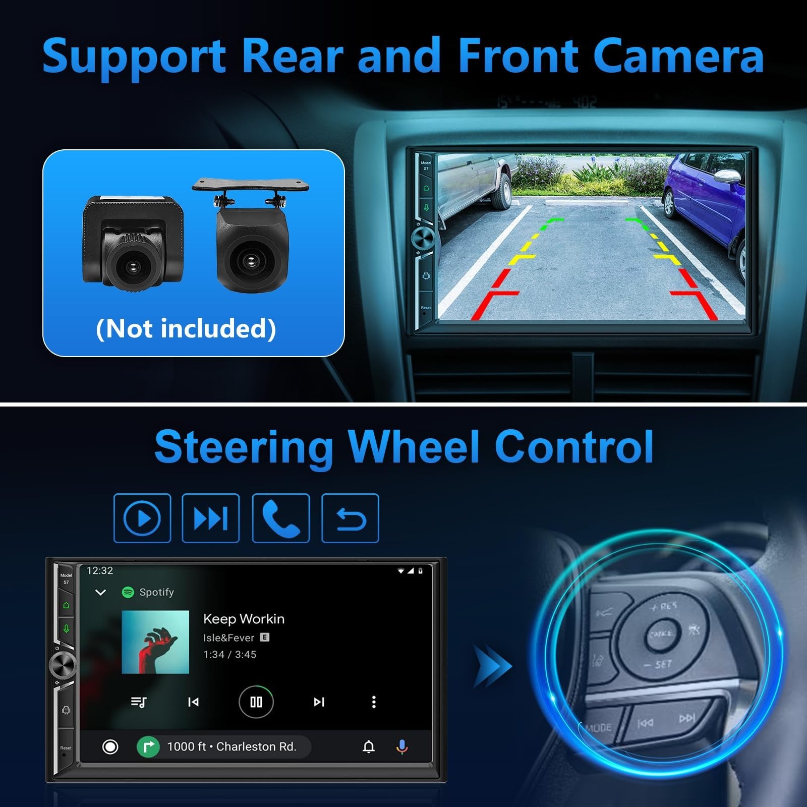 7″ Double Din Car Stereo, Wireless Apple CarPlay & Android Auto, QLED Touchscree
