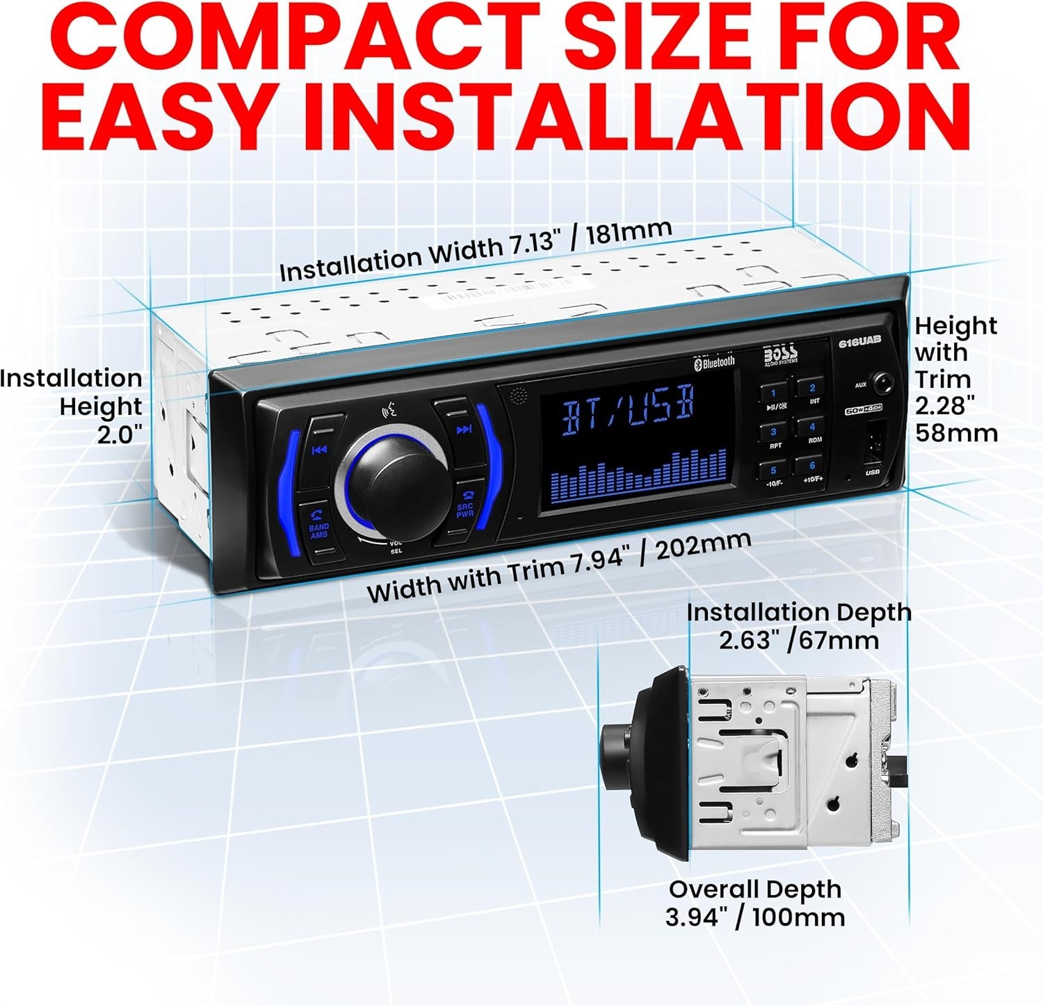 Audio Systems 616UAB Car Stereo With Bluetooth – Single DIN, MP3, USB, Aux-in, A