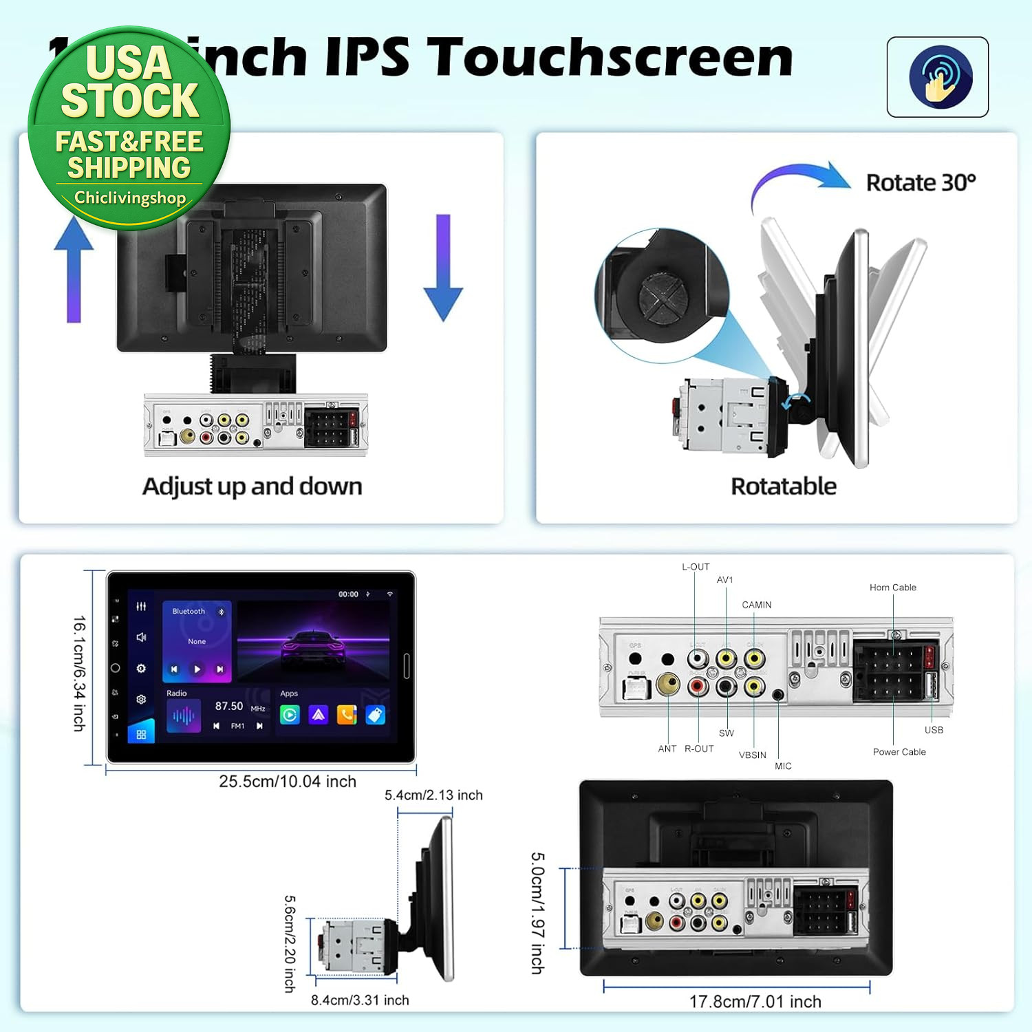 10.1 Inch Single Din Touchscreen Car Stereo Wireless Carplay Android Auto