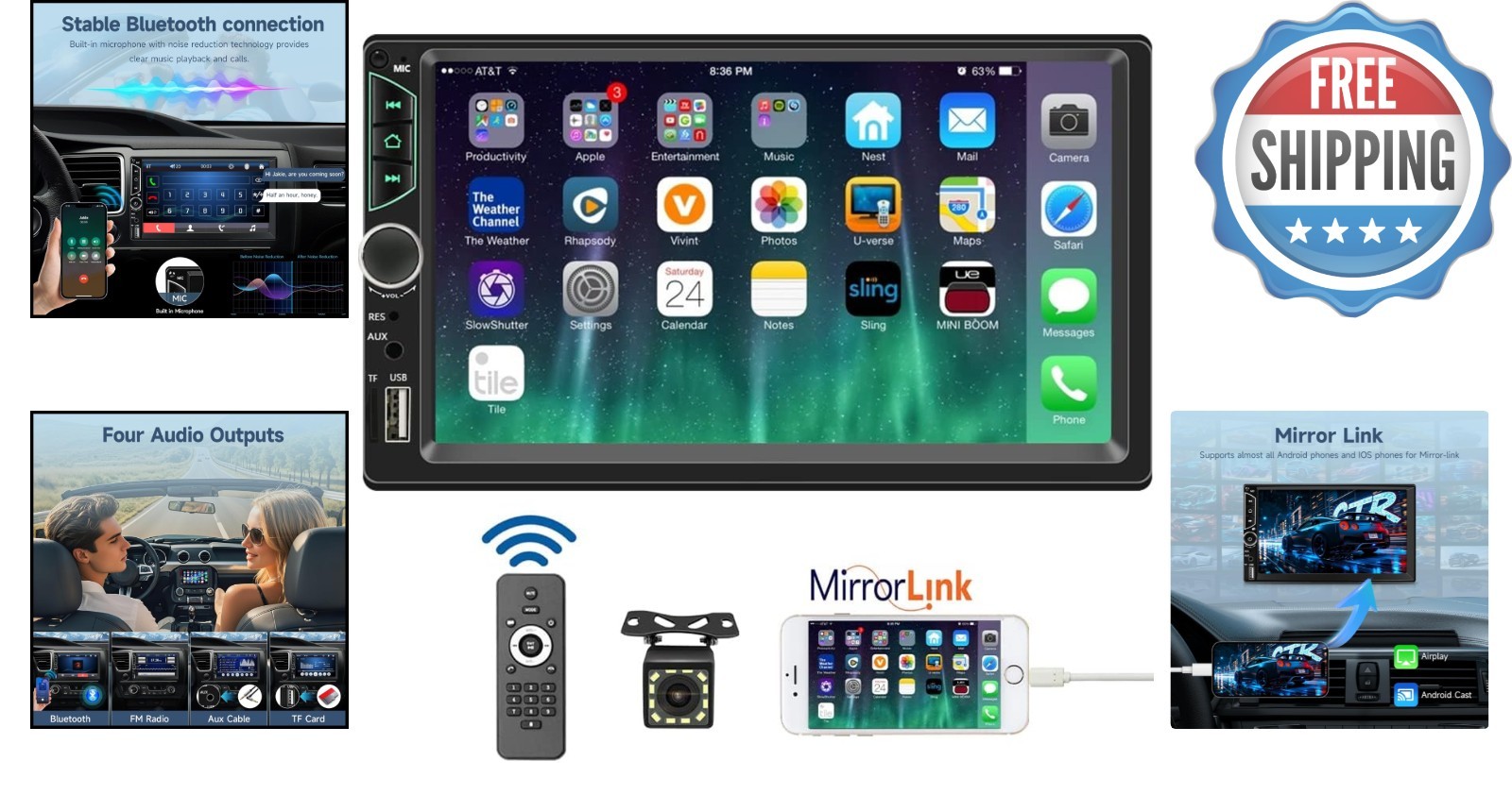 7-Inch Multimedia Car Stereo with Steering Wheel Control & Waterproof Camera