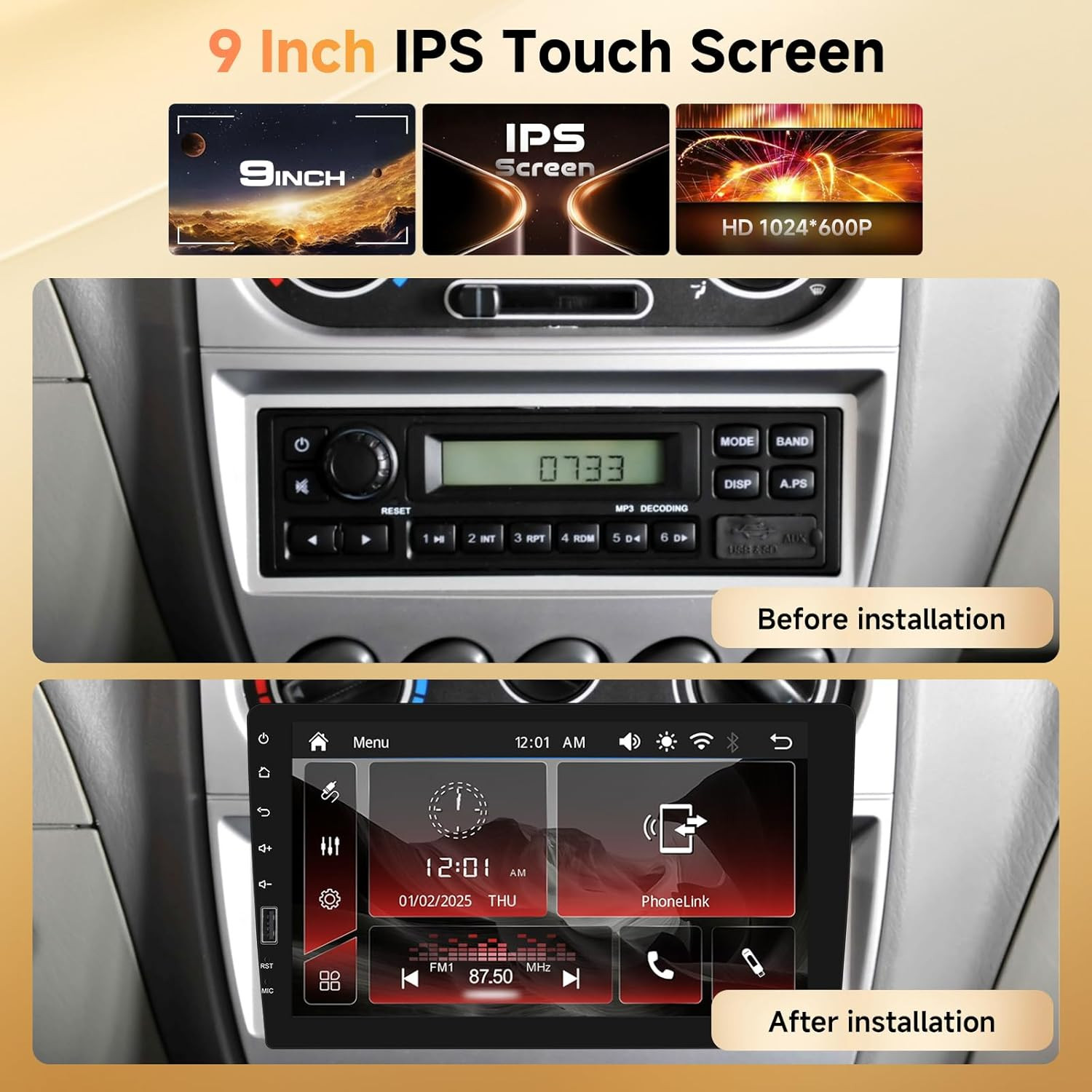 9 Inch Wireless Carplay Single Din Car Stereo Android Auto, Bluetooth IPS Touch