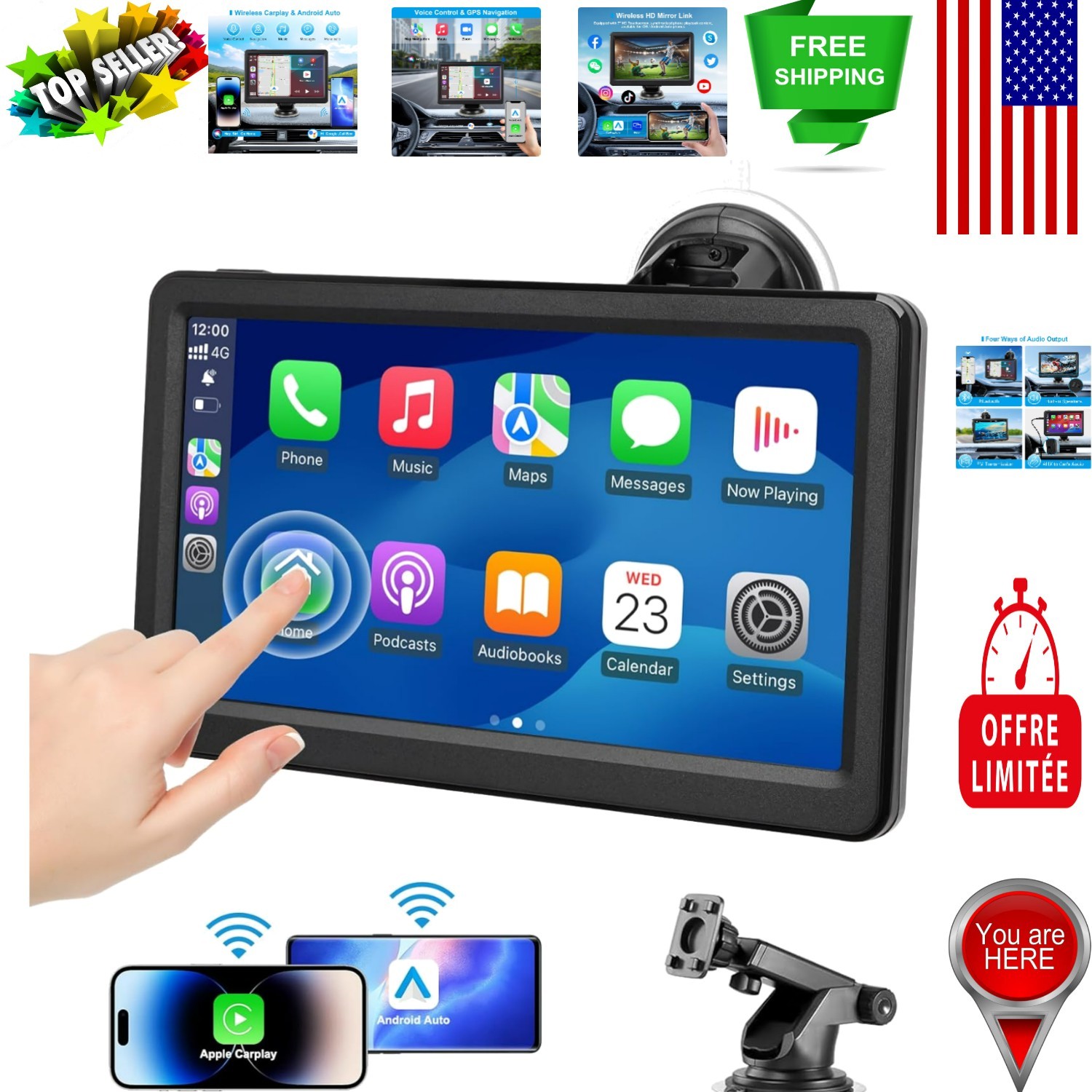 Compact 7″ Wireless Carplay & Android Auto Screen – Easy Install in Any Vehicle