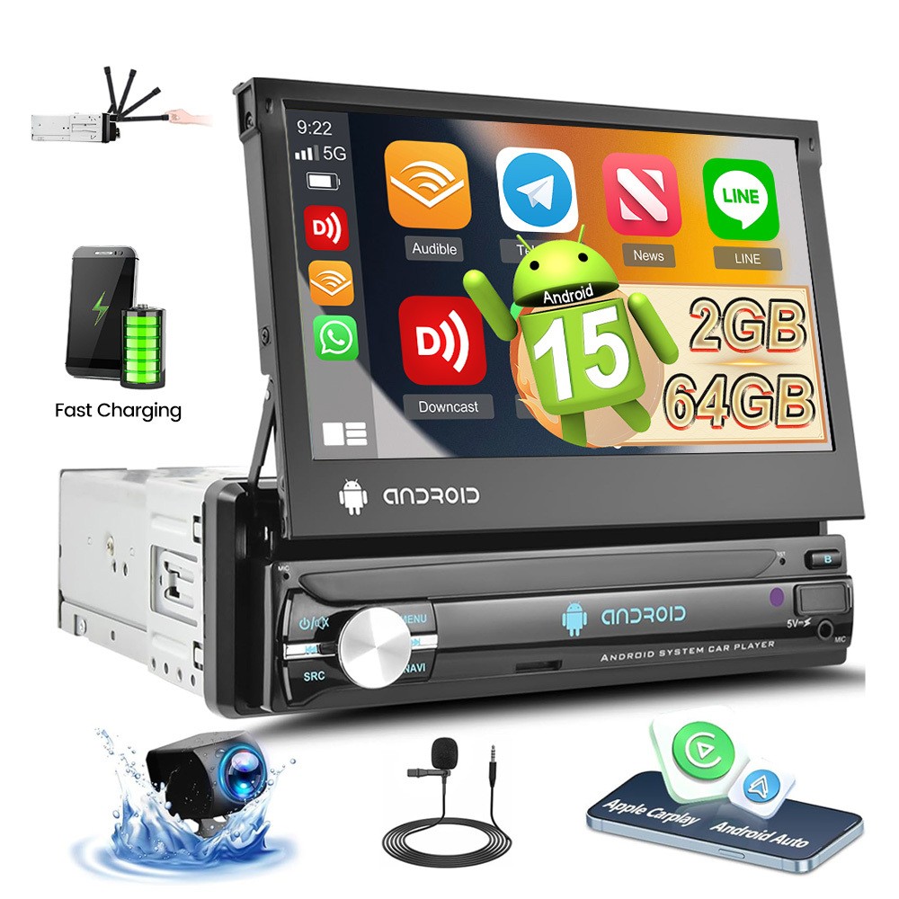 7″ Single 1Din 2+64G Android 15 Carplay Flip Out Car Stereo Radio WiFi Navi Cam