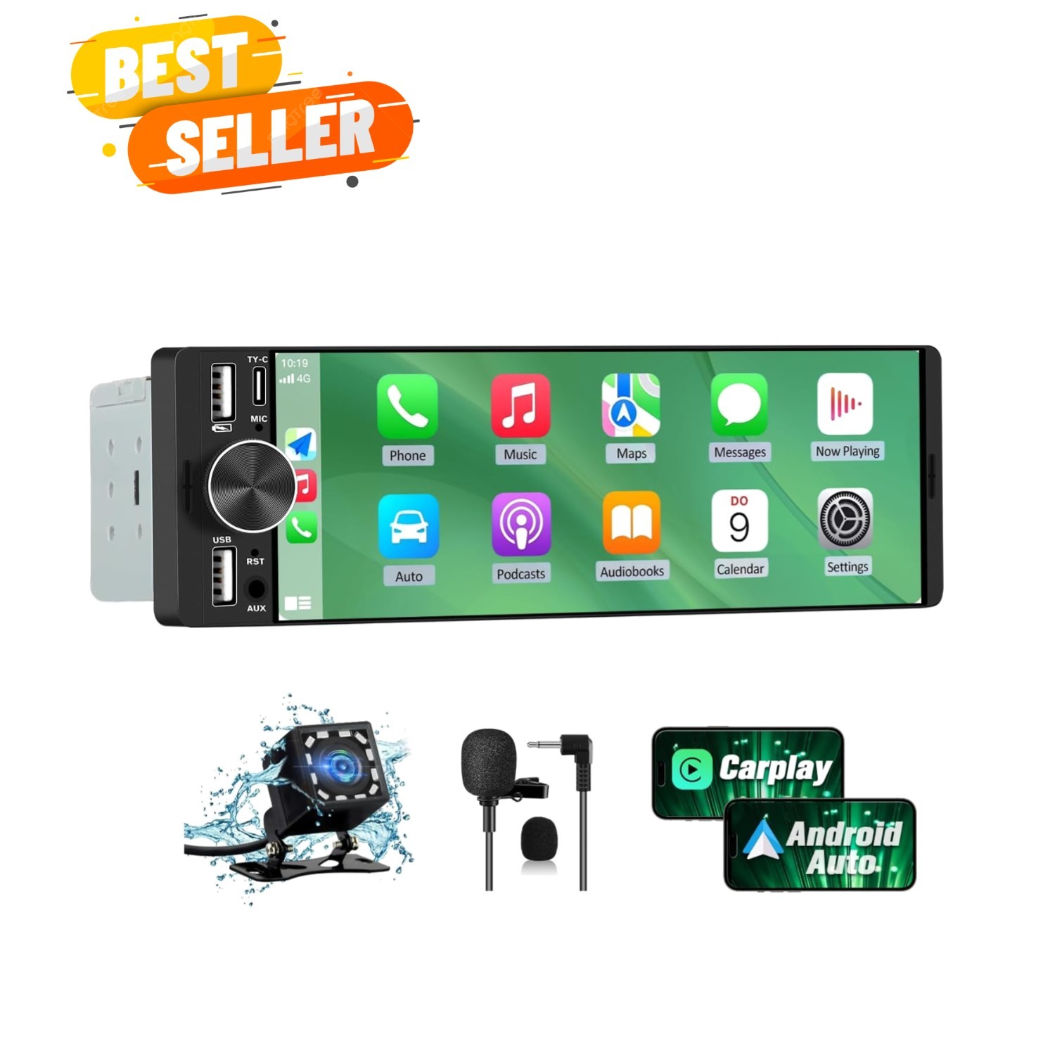 6.36″ Single Din Car Stereo with Wireless CarPlay & Android Auto, IPS Touchsc…