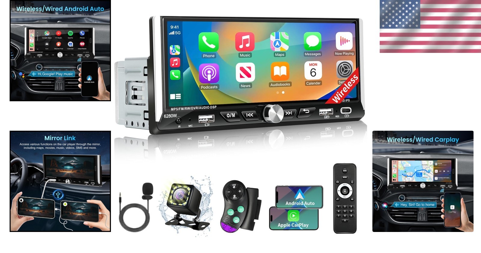 6.9-inch Single Din Car Stereo Bluetooth GPS Navigation Mirror Link Touchscreen