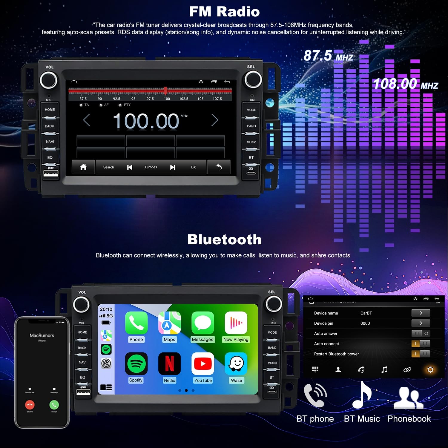 7″Touchscreen Wireless Carplay & Android Auto Stereo for Sierra Silverado
