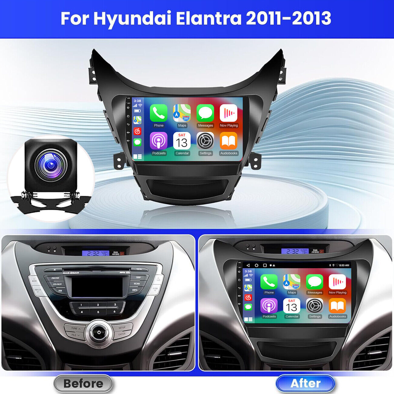 64G Bluetooth Radio Touch Screen Carplay GPS Cam For Hyundai Elantra 2011-2013