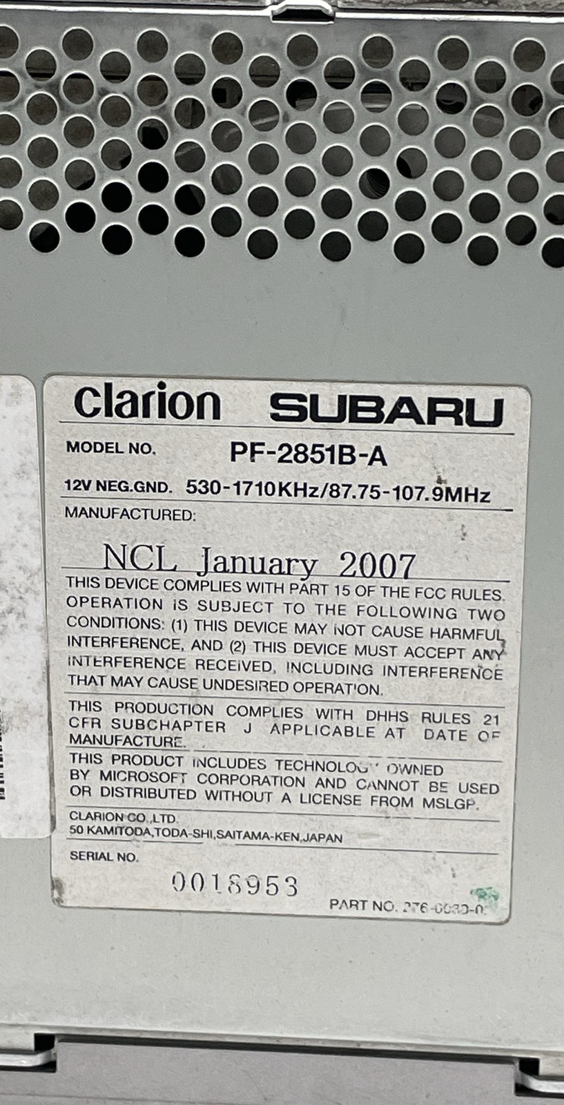 Subaru PF-2851B-A Radio 6 Disc CD Changer Clarion AUX SAT Stereo