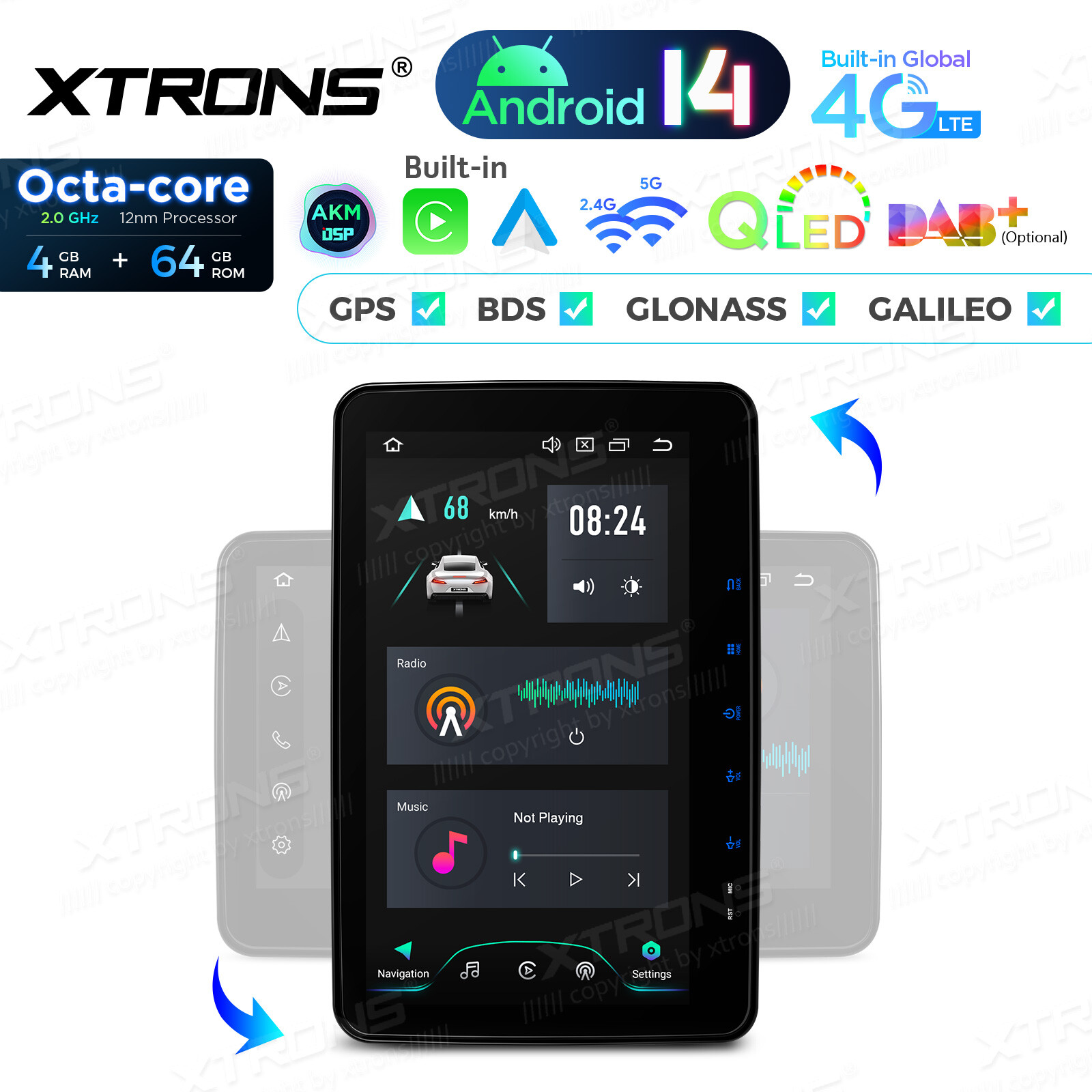 XTRONS 2-DIN 10.1″ Android 14 Car GPS Stereo 8-Core 4+64GB Radio BT5.0 WiFi 4G