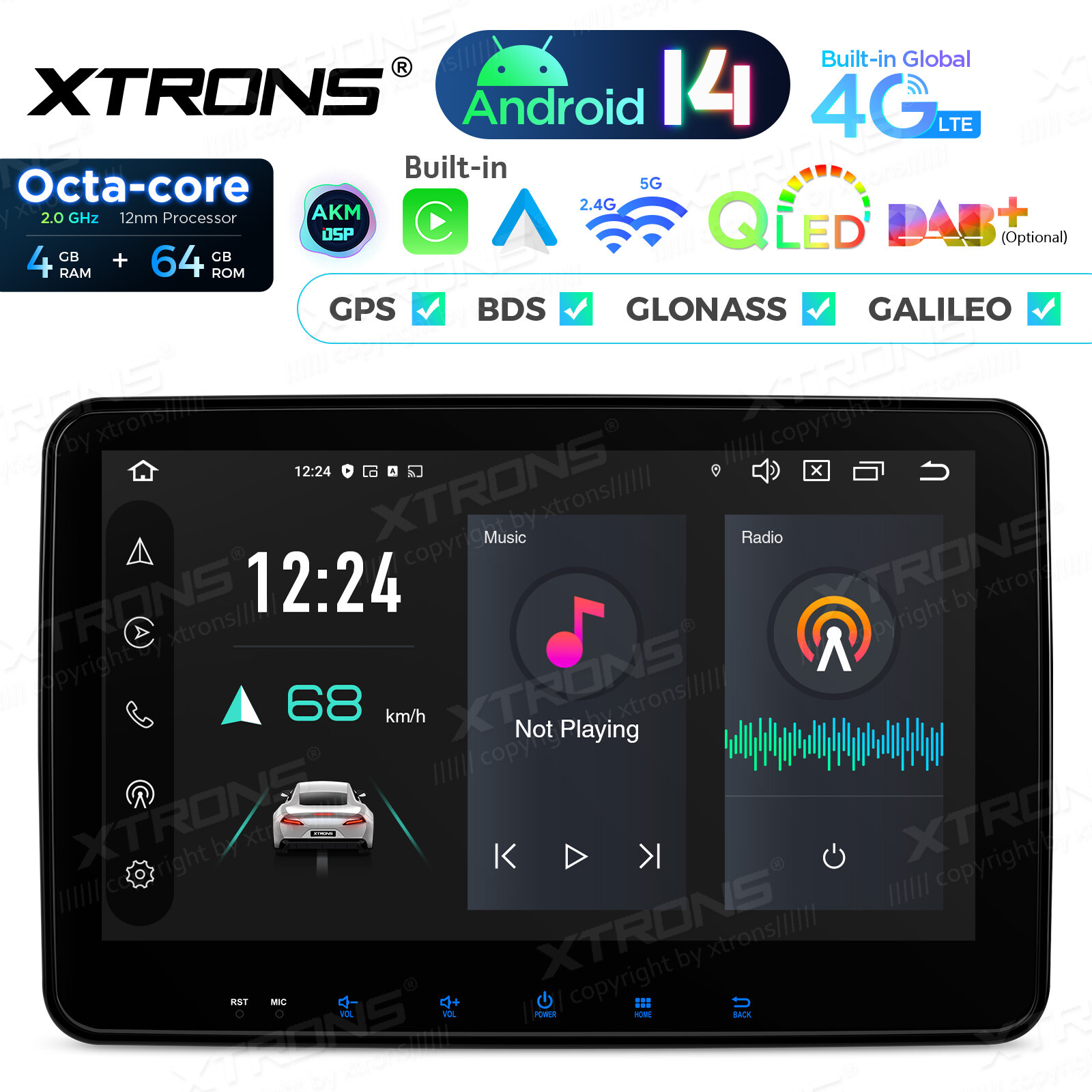 XTRONS 2-DIN 10.1″ Android 14 Car GPS Stereo 8-Core 4+64GB Radio BT5.0 WiFi 4G