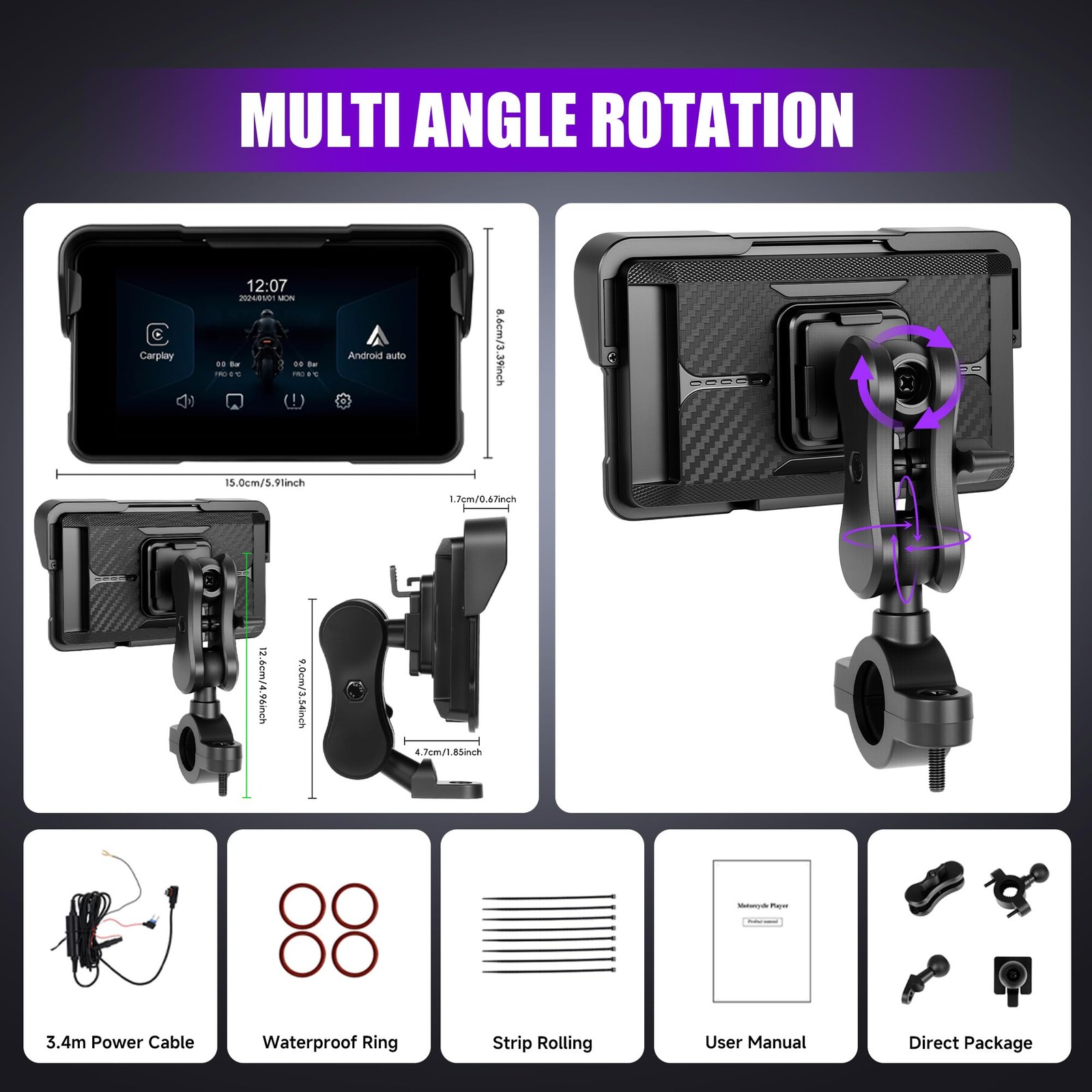 5 Inch Motorcycle Carplay Screen with Wireless Carplay Android Auto for Car, …