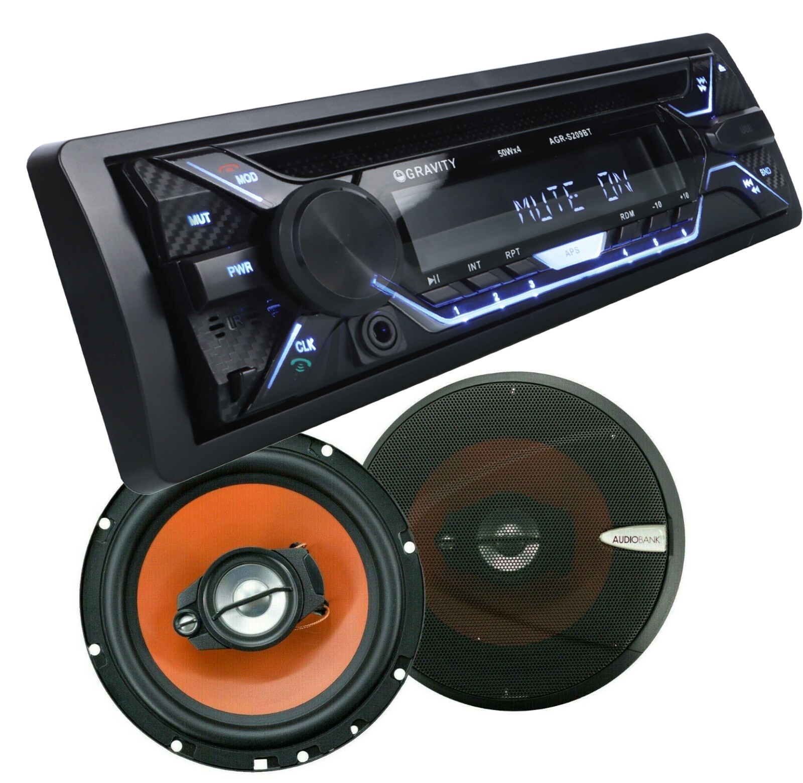 Gravity 1-Din Car Stereo Bluetooth USB FM Receiver + 2x Audiobank 6.5″ Speakers
