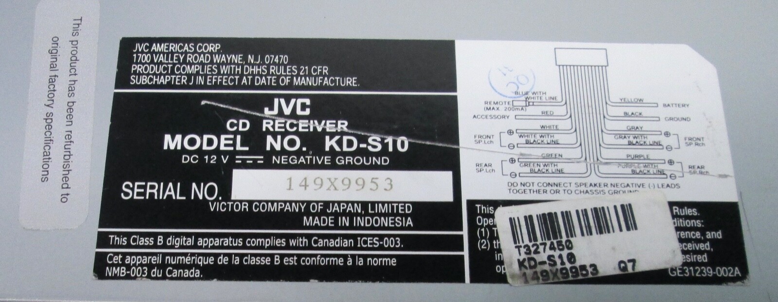 JVC Kd-S10 In-Dash Cd Receiver With A Detachableq Faceplate