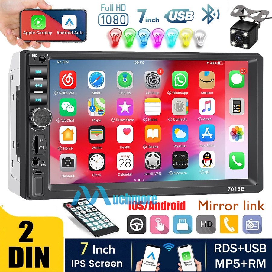 Double 2Din 7″ Touch Screen Car Stereo Bluetooth Radio IOS/Android Carplay + Cam