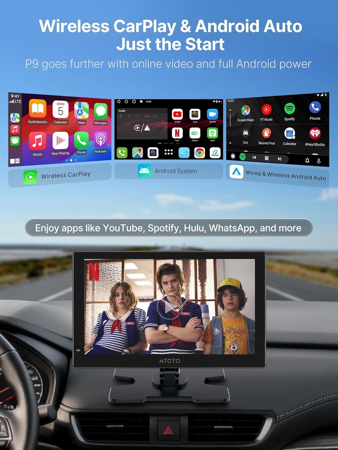 AI Protable Screen 9 QLED Car Display WL Head Unit, 4G LTE Dual-BT AI Voice Das