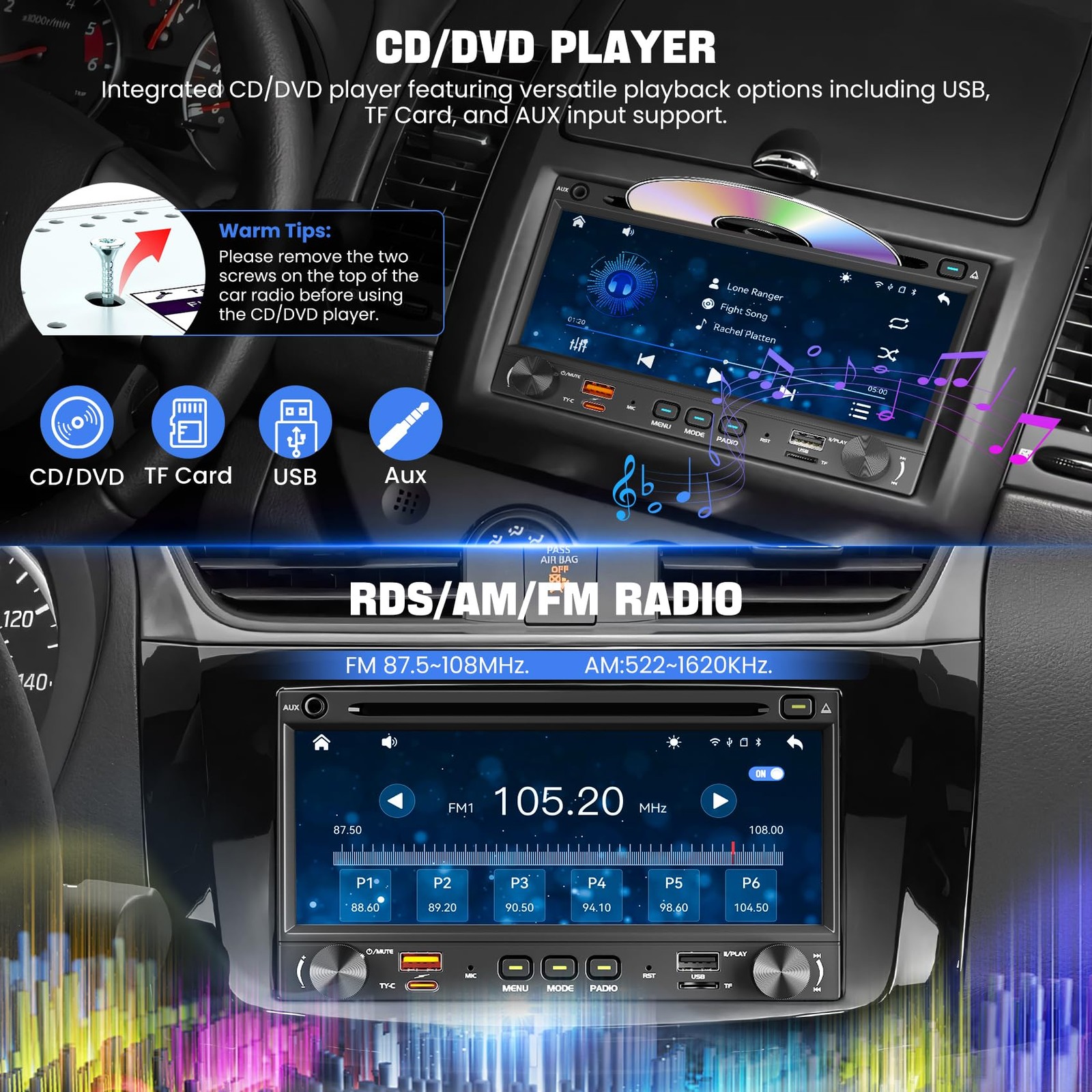 [QLED Screen Upgrade] 7″ Double Din Car Stereo CD DVD Player, Wireless CarPla…