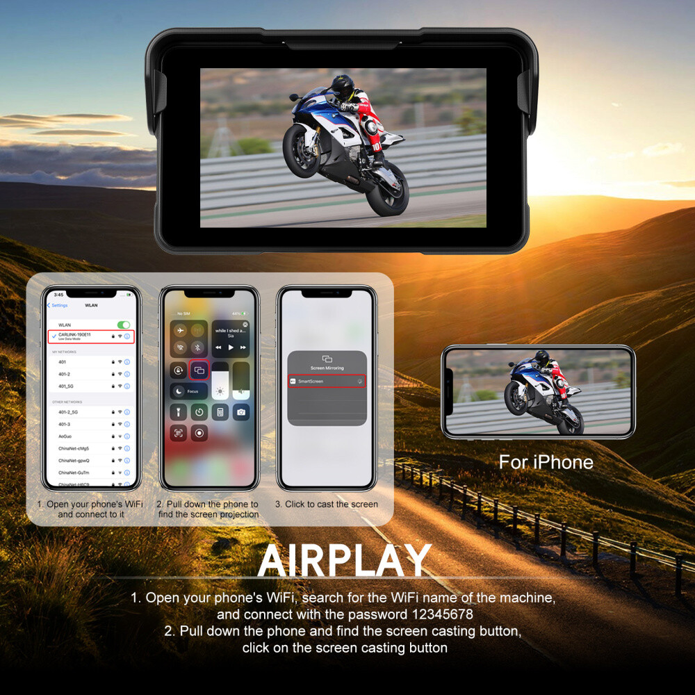 5″ Waterproof Motorcycle Navigator Portable Wireless CarPlay Android Auto Screen