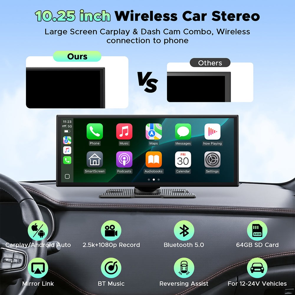 10.25″ Touch Screen Player 2.5K Car Stereo Radio Wireless Apple/Android CarPlay