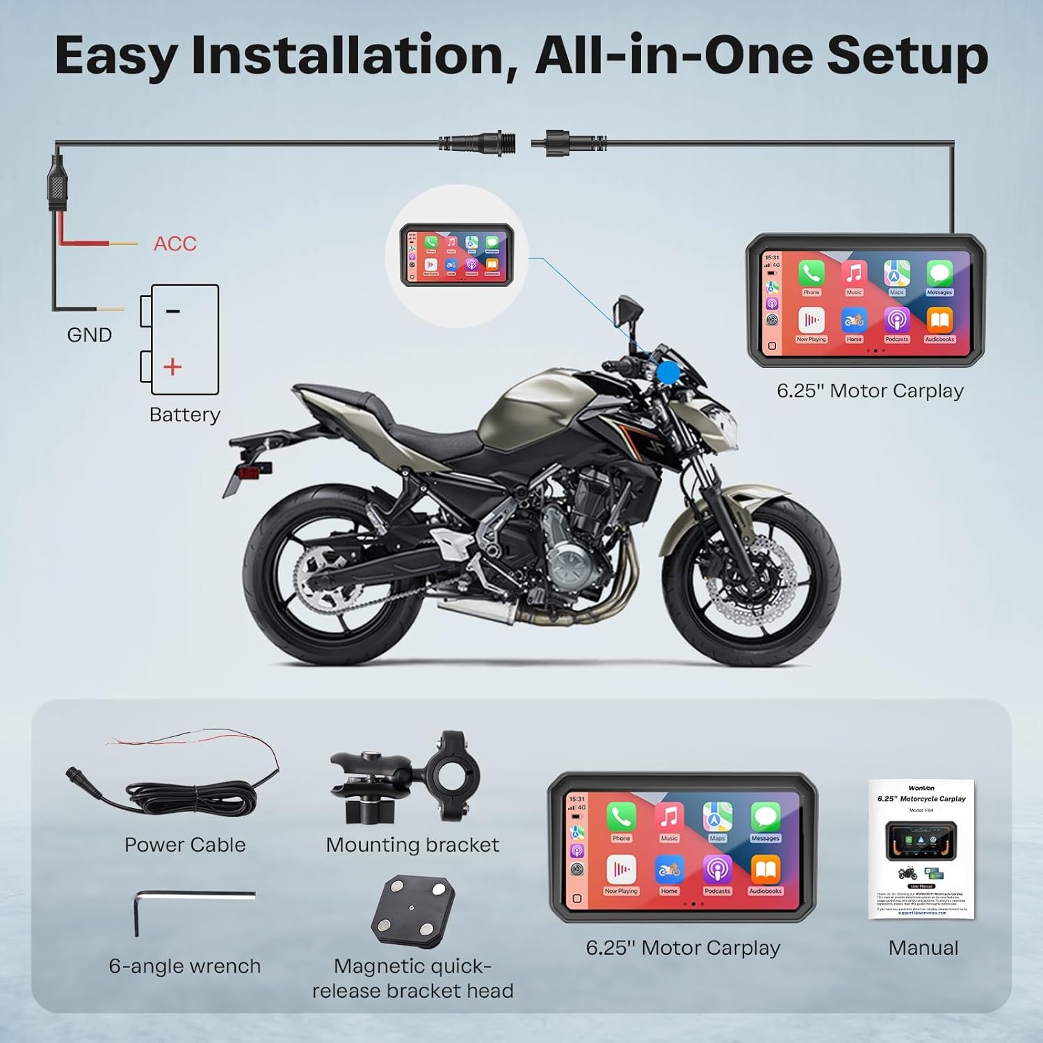 WonVon 7 Inch Wireless Motorcycle Carplay GPS Navigation System Apple Carplay