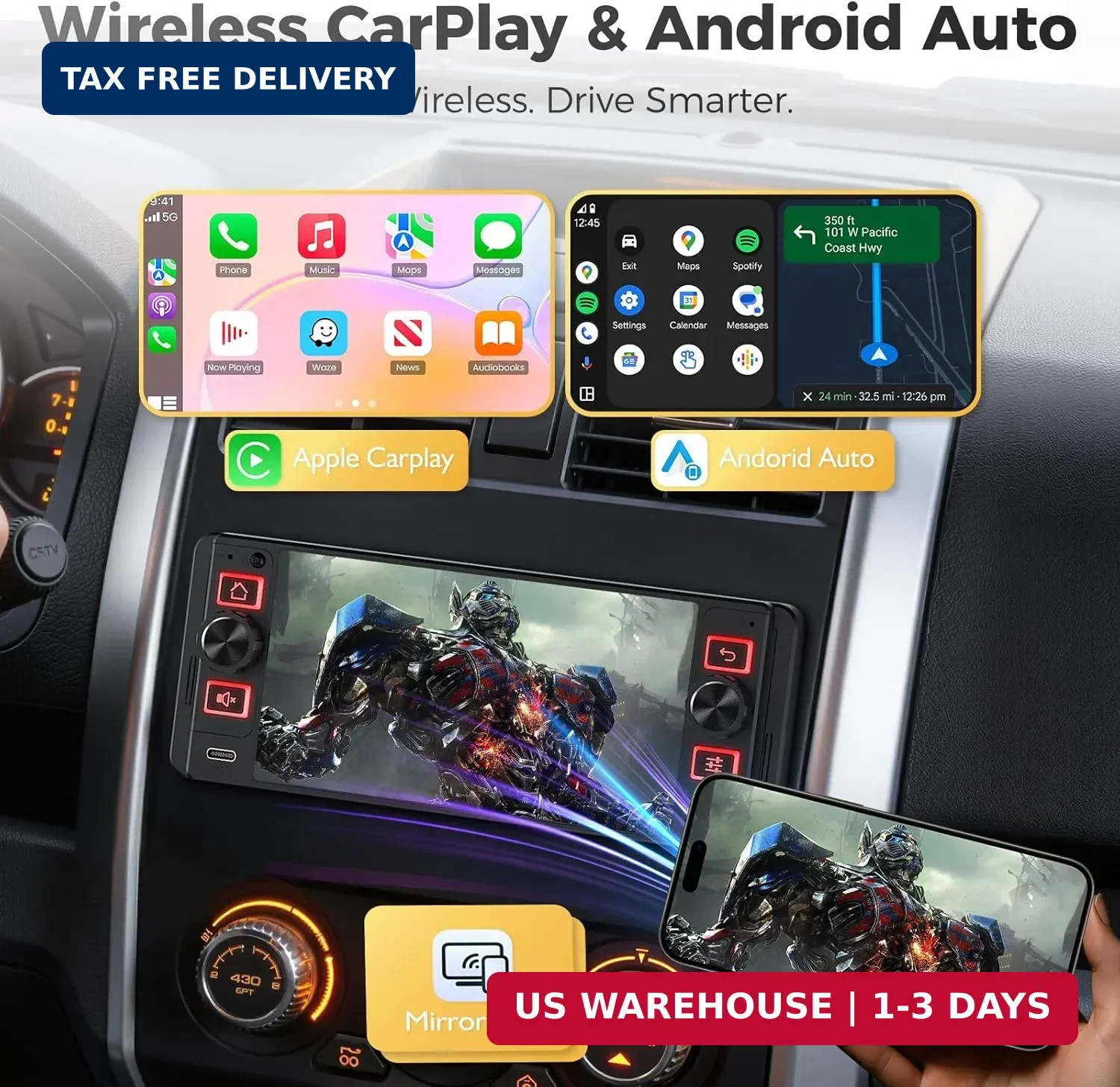 Single Din Car Stereo with Wireless Apple CarPlay and Android Auto, Single Din T