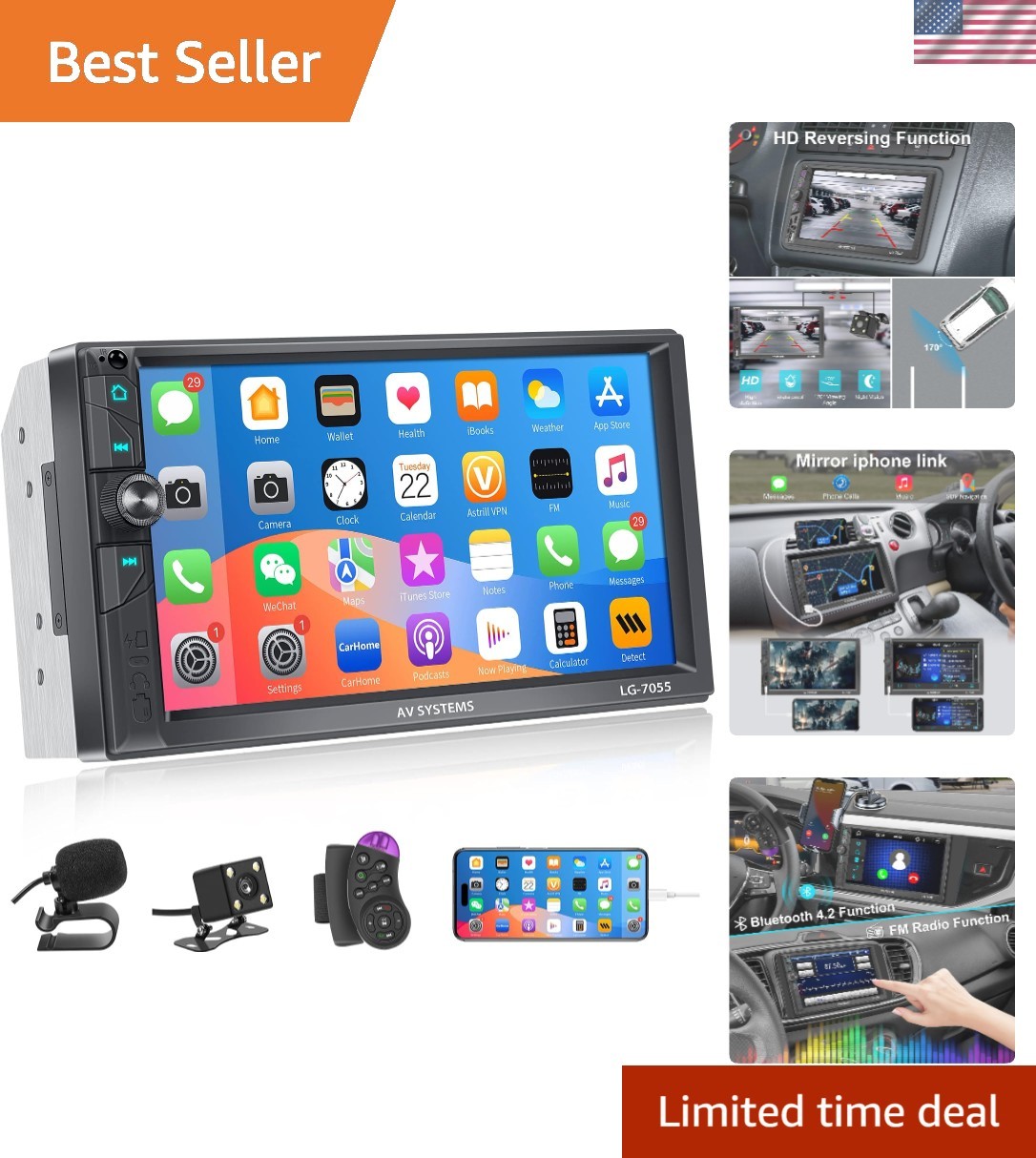 Advanced 7-Inch Double Din Stereo with FM, Bluetooth, and Steering Wheel Control