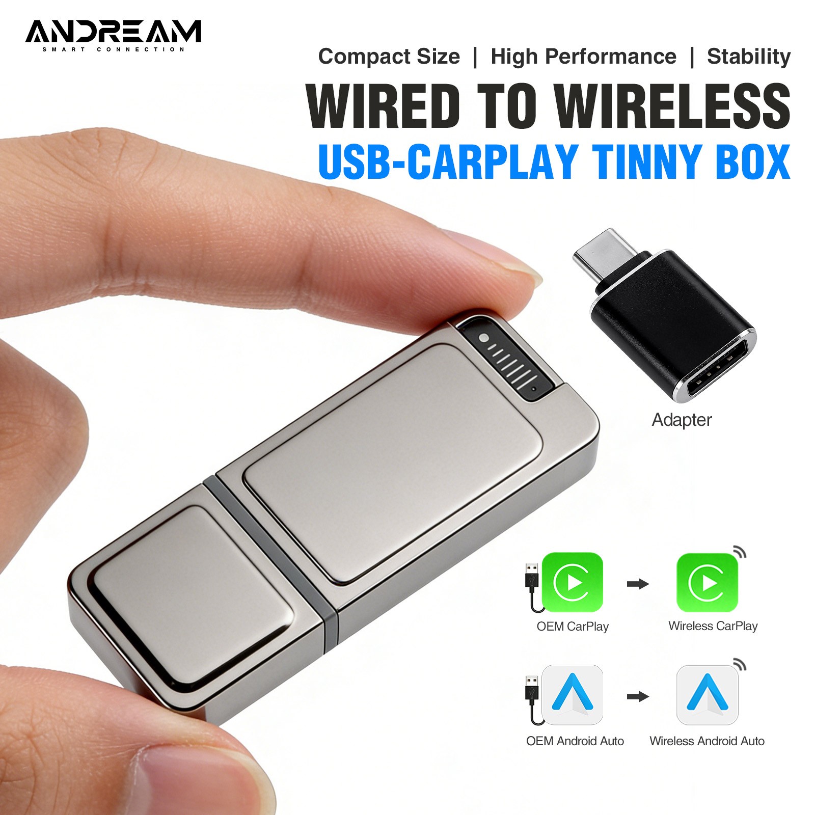 ANDREAM 2-in-1 Wired to Wireless CarPlay & Android Auto Adapter, Plug & Play