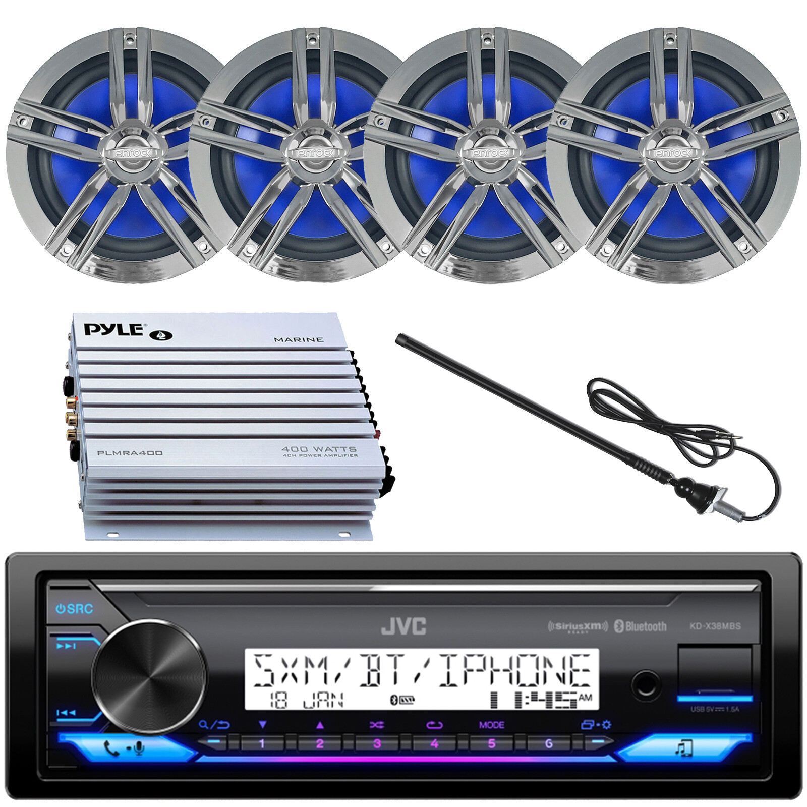 JVC KD-X38MBS 1 DIN USB LED Stereo Receiver, 4x 6.5″ Speaker, Antenna, Amp