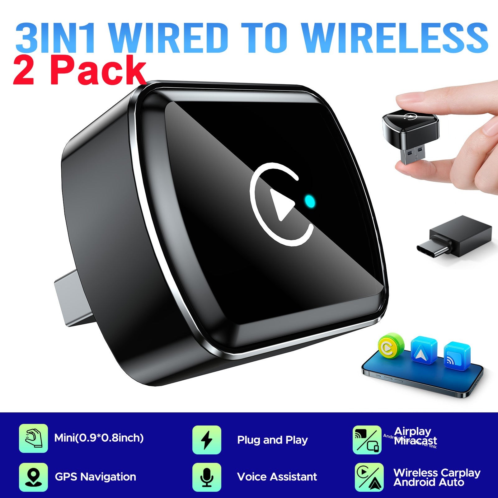 2* Mirror Phone to Car Screen Adapter 4 in1 Wireless Adapter Kivont Mini Carplay